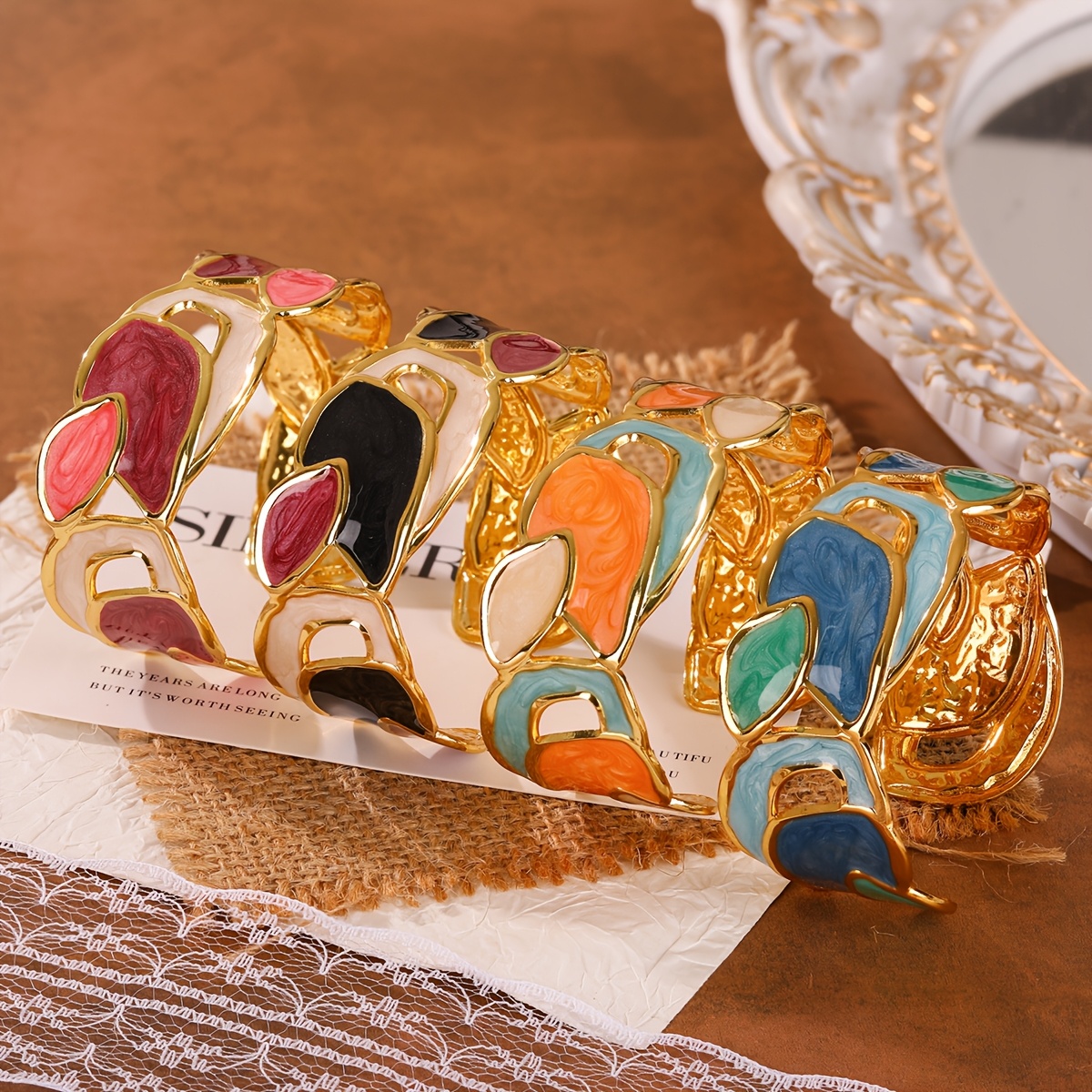 Irregular Color-Block Enamel Hammered Open Cuff Bracelet